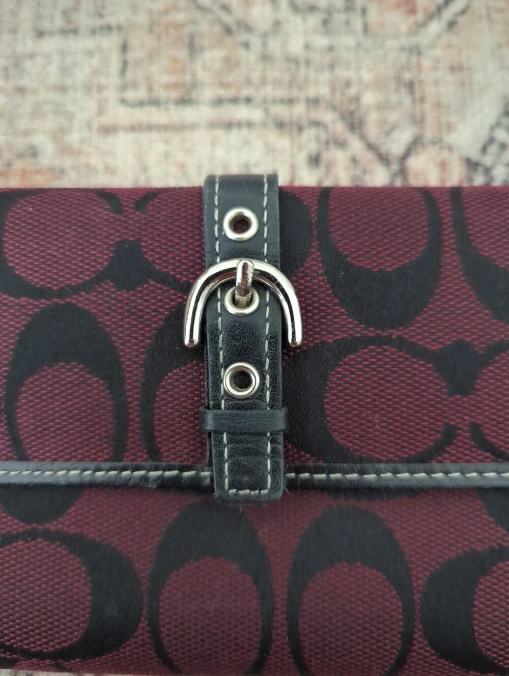 vintage Coach Soho long wallet burgundy Black Monogram Canvas Leather Interior